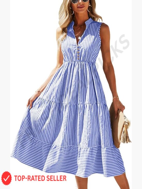 Dresses & Skirts - Striped V-Neck Sleeveless Midi Dress A-Line High Waist Summer Wedding Guest